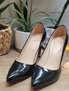 Christian Louboutin Black Patent Pointed Toe Pumps with Red Soles
